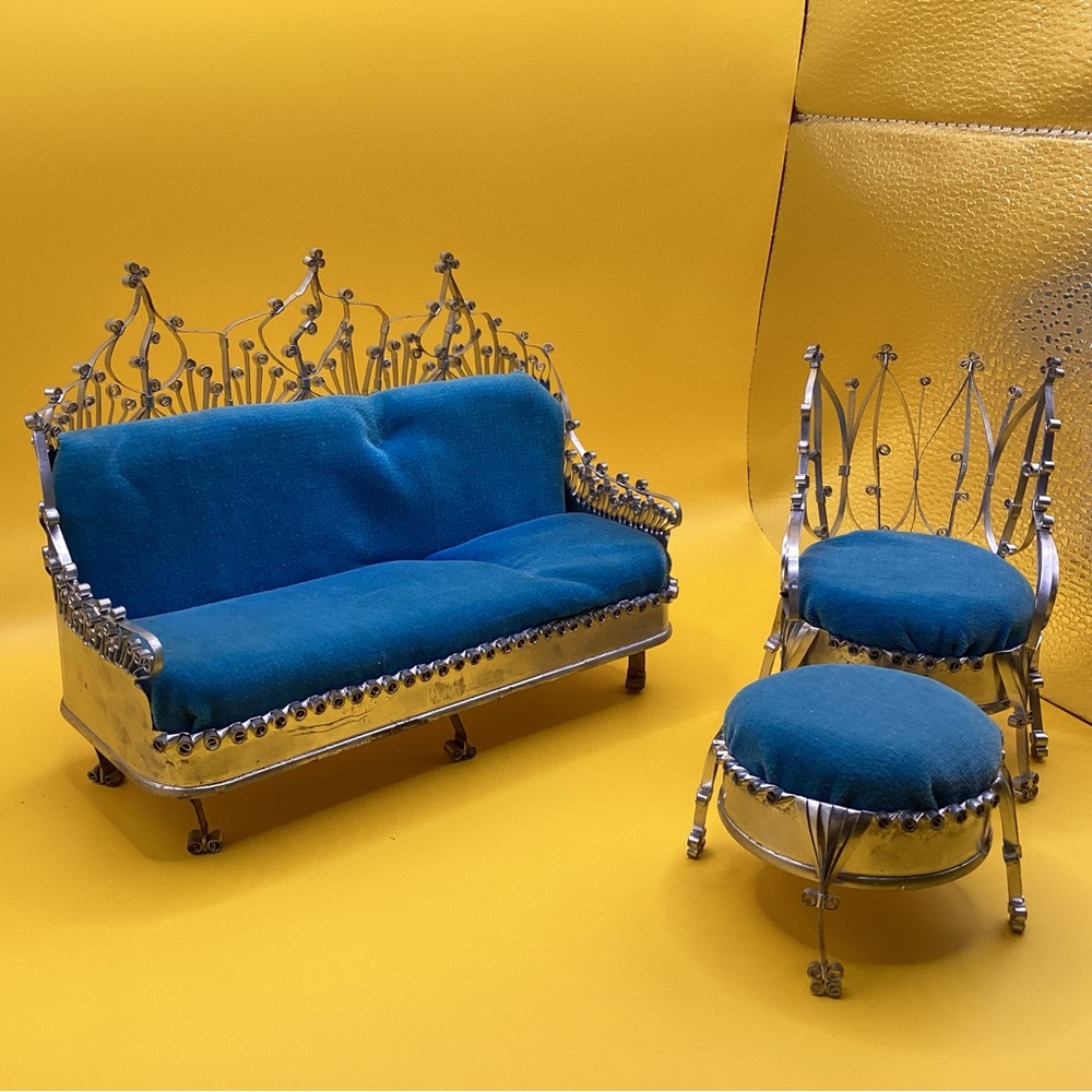 Elegant Silver and Blue Miniature Sofa and Chair Set